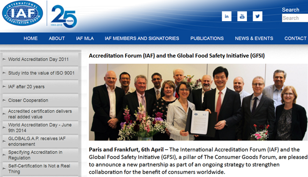 国际认可论坛（IAF）与全球食品安全倡议（GFSI）建立全球性合作伙伴关系